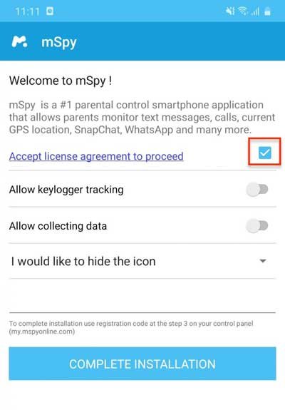 Page de confirmation d'installation de mspy