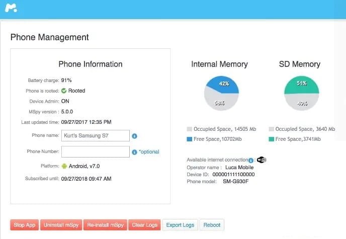 Panneau de configuration mSpy
