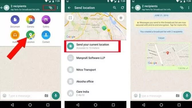 Partager l'emplacement WhatsApp via les contacts